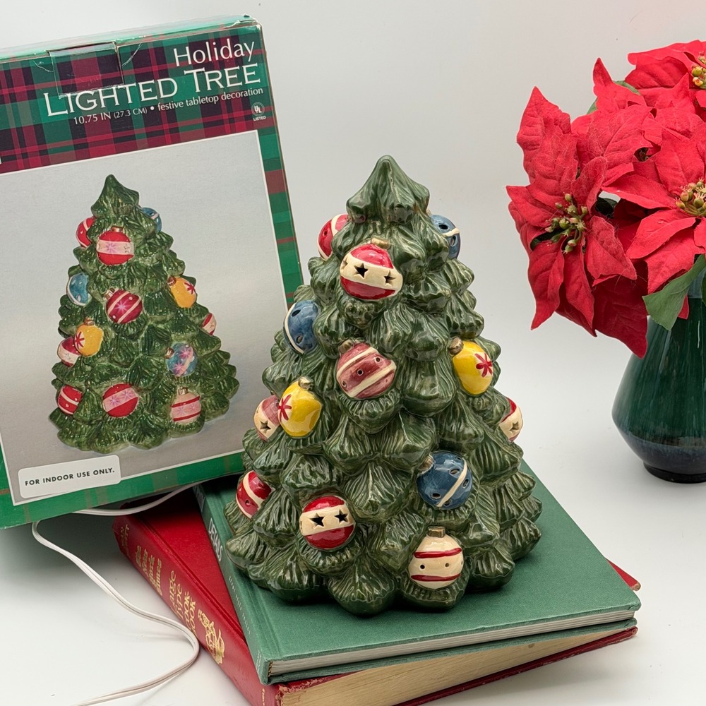 Vintage Lighted Ceramic Christmas Tree Baubles Tabletop Decor 10.75"  Works